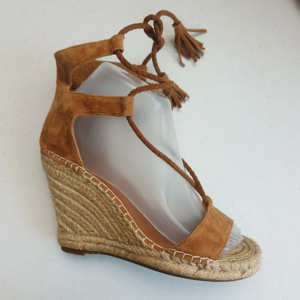 Joie light brown Phyllis suede leather wedge espadrille tie up sandals size 36 w